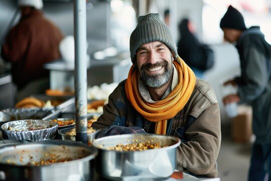 Smiling homeless man with a beanie and scarf receives food at a shelter.