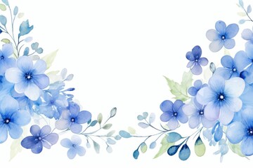 Fototapeta na wymiar watercolor of forget me not flowers frame, botanical border, Summer flowers Scorpion Grass, Myosotis. AI illustration. For packaging, textile, web pages, wedding invitations, greeting cards..