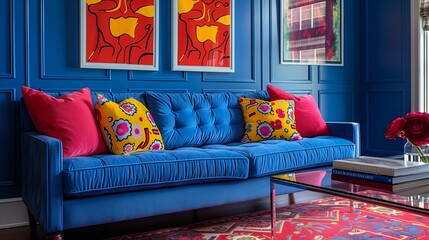 Elegant Blue Velvet Sofa in Vibrant Contemporary Living Room