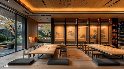 Traditional Japanese Dining Room Interior with Garden View