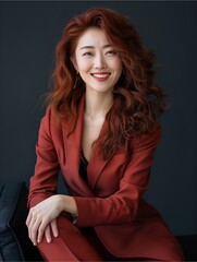 Asian woman with wavy hair wearing a red suit sits and smiles.