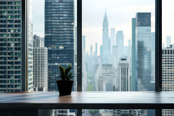 Plant on table with skyline view from a high-rise office.