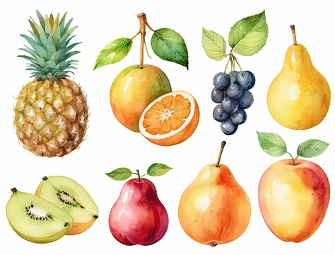 watercolor set of eight fruits on a white background