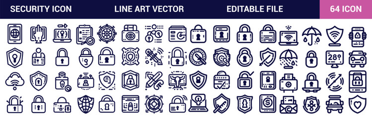 Security icon set. Guard, cyber security, password, smart home, safety, data protection, key, shield, lock, unlock, eye access. Simple vector illustration