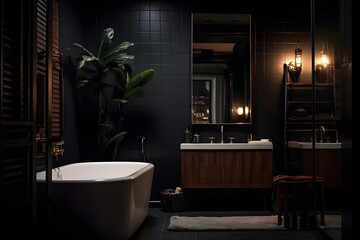 luxury bathroom interior with bathtub, Modern Elegance: Stylish Mid-Century Bathroom Design with Dark Aesthetic