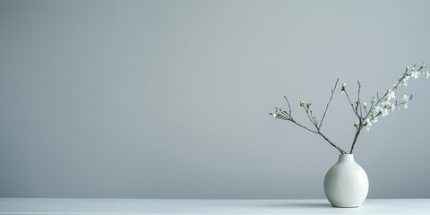 A serene vase with sprouting spring branches on a plain background.