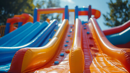 inflatable slide bounce or water sliders at water park - obrazy, fototapety, plakaty