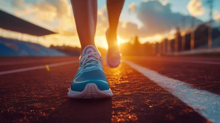 Foto auf Acrylglas Woman run race track athletic arena. Girl training outdoor racetrack. Sneakers closeup © Katrin_Primak