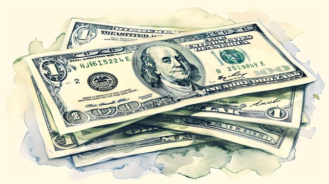 Stack of US Dollars in Watercolor Style Illustration. Perfect for Finance and Economy Concepts. Digitally Rendered Cash Image. AI