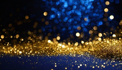 Fototapeta na wymiar Golden Glow: Christmas Bokeh with Navy Blue Background and Glimmering Gold Particles, a Festive Delight