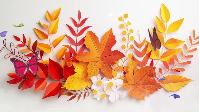 autumn leaves paper cut on white background. seamless looping overlay 4k virtual video animation background