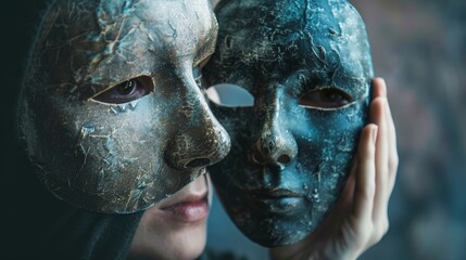 A person removing a mask to reveal their true face, symbolizing the courage of authentic self-expression.  - obrazy, fototapety, plakaty