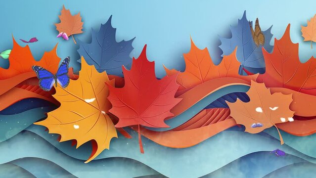 blue background with autumn leaves wavy border in paper cut style. seamless looping overlay 4k virtual video animation background