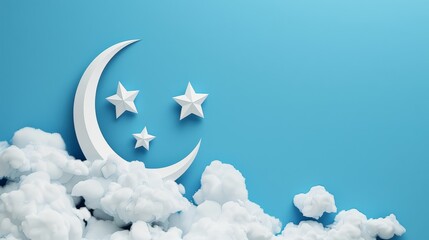 illustration of a crescent moon and star in a paper art style, emerging from cotton-like clouds on a deep blue sky, designed for Ramadan greetings, with a harmonious blend of celestial imagery