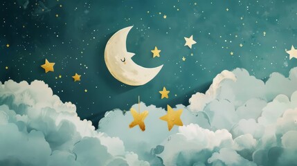 A soothing night scene with a smiling crescent moon amongst twinkling stars and fluffy clouds, ideal for relaxation and sleep-themed content.