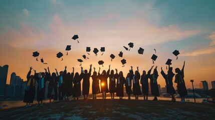 Silhouettes of graduates throwing their caps in the air at sunset, with a city skyline in the background, celebrating their achievements.