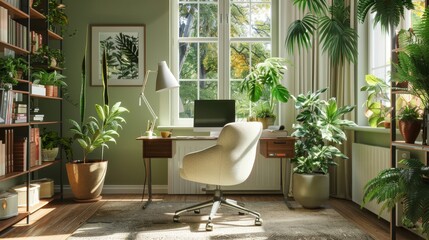 Inviting photo of a home office designed with eco-conscious principles, featuring a desk made from recycled materials, a chair upholstered in natural fabrics, and plenty of green plants