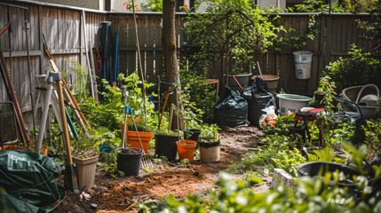 Overgrown backyard with gardening tools and plants, depicting outdoor activity and nature care.