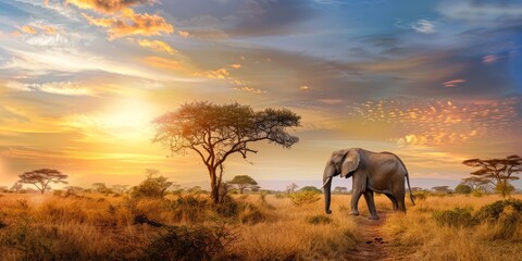 Safari at sunset with an elephant silhouette, capturing the wild beauty of nature, ideal for travel and conservation topics.