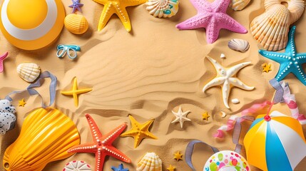 Fototapeta premium Summer Beach Fun with Colorful Toys and Shells on Sandy Background. Vibrant Vacation Concept, Holiday Design Elements Spread Joyfully. AI