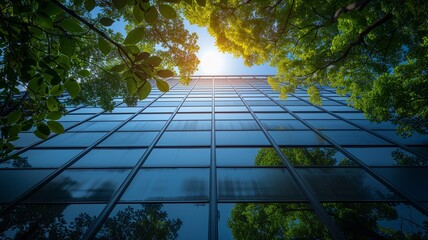 Reflection of green trees in the windows of a modern office building, Eco-friendly Concept.