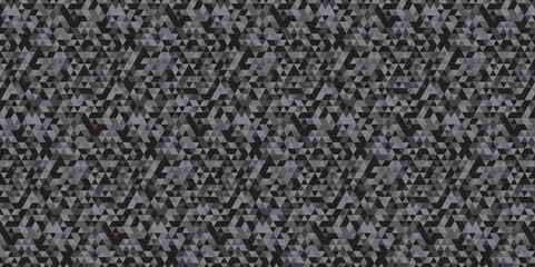 Abstract geometric black and gray background seamless mosaic and low polygon triangle texture wallpaper. Triangle shape retro wall grid pattern geometric ornament tile vector square element.