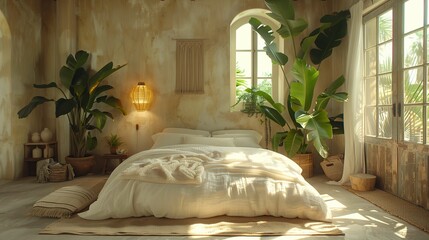 Bohemian Bedroom Interior with Natural Light and Plants