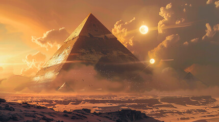 A majestic pyramid on an alien planet illuminated by the light of three suns - obrazy, fototapety, plakaty