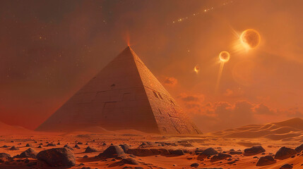 A majestic pyramid on an alien planet illuminated by the light of three suns