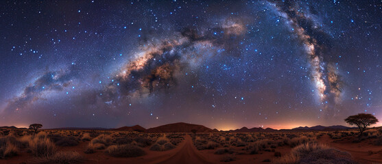 Naklejka na ściany i meble Panoramic landscape of the vast night sky, studded with countless stars, milky way
