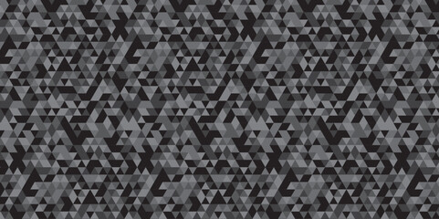 Abstract geometric black and gray background seamless mosaic and low polygon triangle texture wallpaper. Triangle shape retro wall grid pattern geometric ornament tile vector square element.