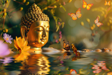 Fototapeta premium golden buddha with 3đ multicolor flowers and butterflies, nature background