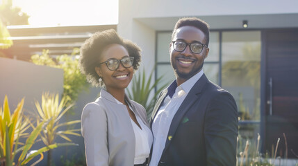 Confident black afro american male and african female couple buyers stands proudly outside the new house just bought, radiating happiness and approachability, ready to move in their new acquired home
