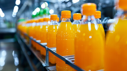 Line of bottling of orange fruit juice bottles on clean light factory with closeup view on the sweet drink bottle