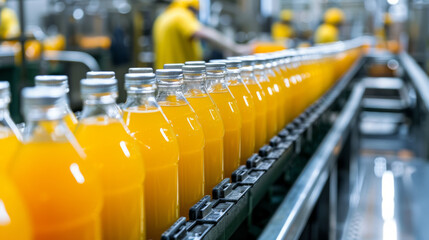 Line of bottling of orange fruit juice bottles on clean light factory with closeup view on the sweet drink bottle