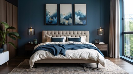Elegant Modern Bedroom with Blue Accents and Triptych Wall Art