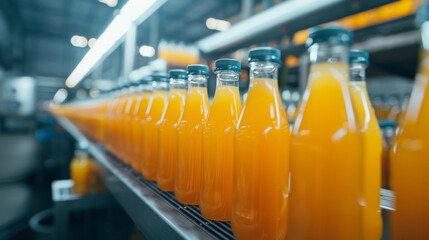 Line of bottling of orange fruit juice bottles on clean light factory with closeup view on the sweet drink bottle