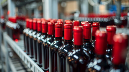 Fototapeta premium Line of bottling of red wine bottles on clean light factory with closeup view on the alcoholic drink bottle