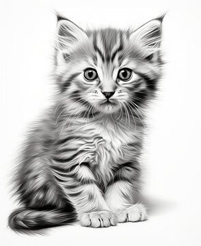Kitten Sketch.  Generated Image.  A digital rendering of a pencil sketch of a cute little kitten with black and gray on white.