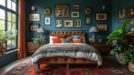 Elegant Vintage-Inspired Bedroom Interior with Teal Walls and Ornate Decor