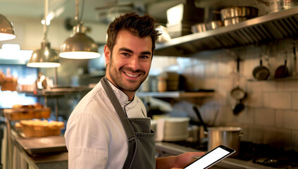 Cheerful young chef looking at camera in a commercial kitchen,  using digital tablet, Looking for good recipes on the internet