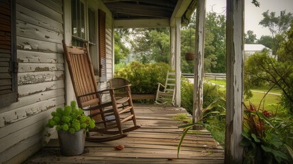 A rocking chair on a porch, swaying gently in the summer breeze, a place for quiet reflection on the past. 