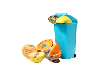 PNG, Spoiled fruit and blue trash can, isolated on white background
