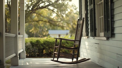 A rocking chair on a porch, swaying gently in the summer breeze, a place for quiet reflection on the past.  - obrazy, fototapety, plakaty
