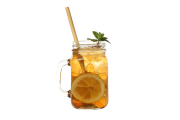 PNG, Glass of iced tea with lemon and straw, isolated on white background