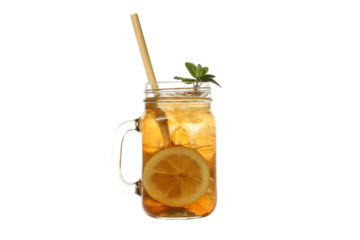 PNG, Glass of iced tea with lemon and straw, isolated on white background