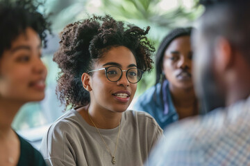 Young black woman engaging in a lively discussion with peers. - Powered by Adobe