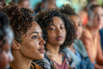 Focused black woman with a thoughtful expression amidst a diverse group. - obrazy, fototapety, plakaty