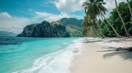 A secluded beach with turquoise water, white sand, and swaying palm trees. 