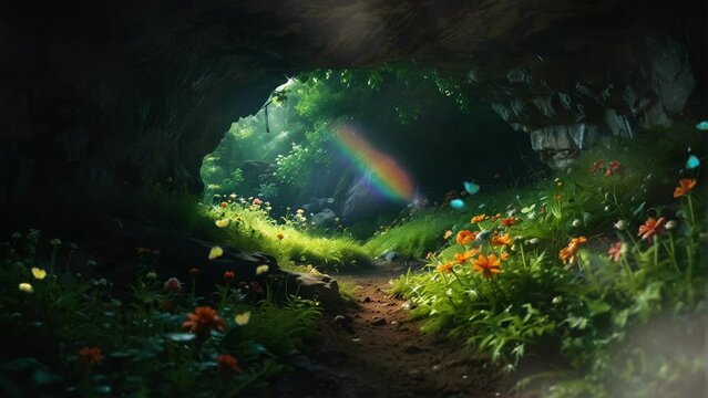 tunnel in the forest, background, 4k, animation video, Seamless looping, footage, generative ai